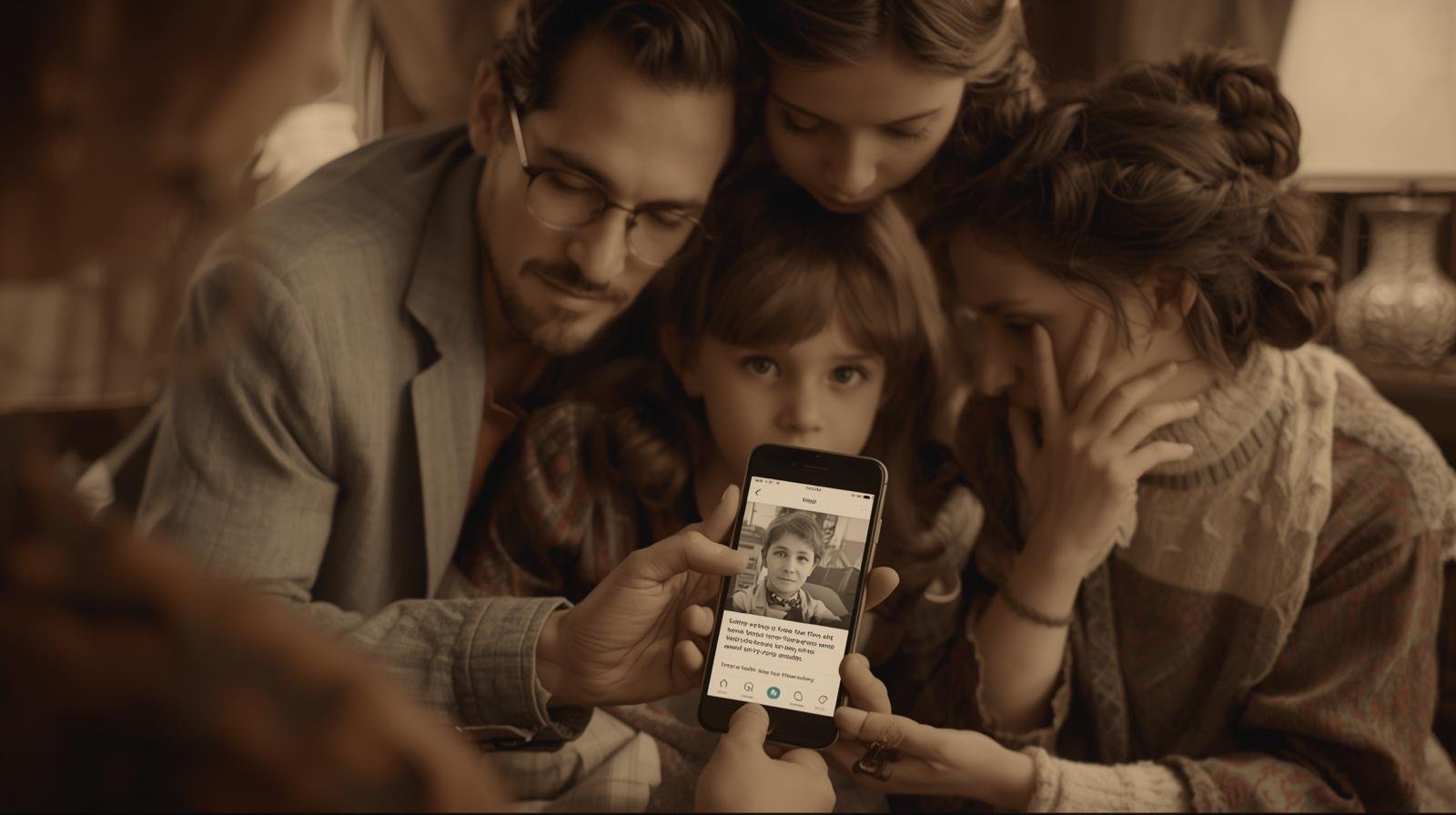 A sepia-toned photo of a family viewing messages from their grandparent